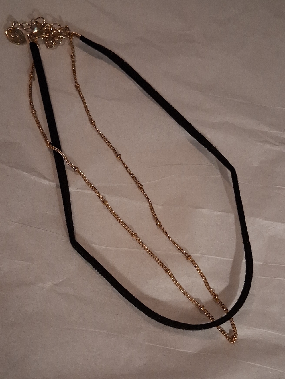 Layered Black Velvet and Gold Tone Chain Choker Necklace